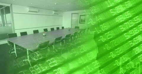 Composition of green financial data processing on screen over empty office Ilustração Stock