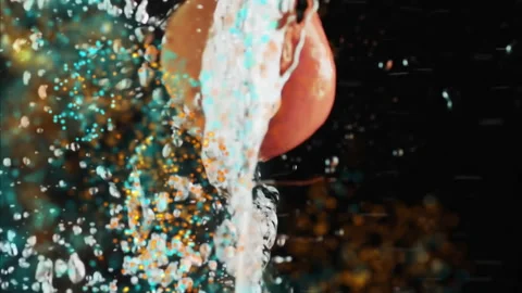 Composition of green leaves over oranges floating in water on black background Stock Footage 313396019