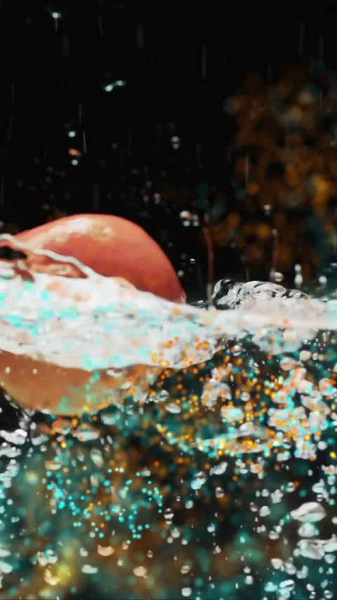 Composition of green leaves over oranges floating in water on black background Stock Footage 319882882