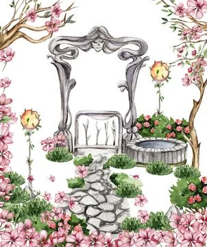 Composition with green tree and bushes . Watercolor hand drawn illustration . Illustrazione stock