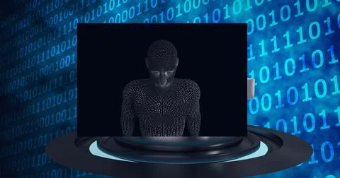 Composition of grey human bust, scope scanning and binary coding 库存插图