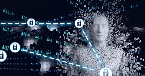 Composition of grey human digital bust with network of icons padlocks over world Stockillustratie