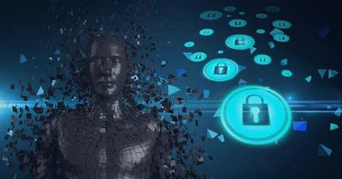 Composition of grey human digital bust over icons with online security padlocks 스톡 일러스트