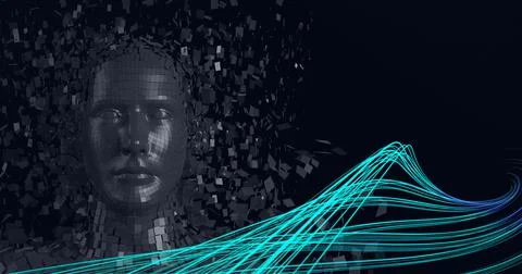 Composition of grey human digital head over blue glowing lines Stockillustratie