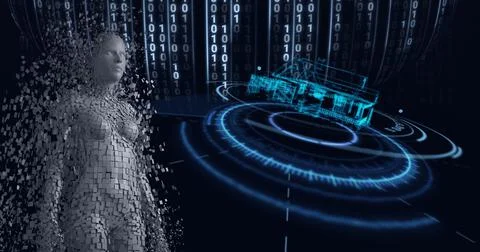Composition of grey human digital model over scope scanning and binary coding 库存插图