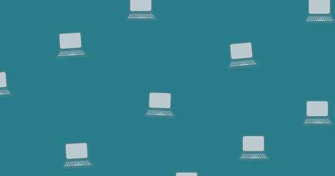 Composition of grey laptop computers floating on mid blue background Stock Illustration