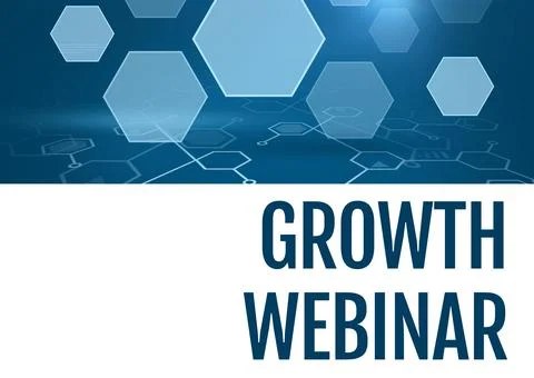 Composition of grey text growth webinar and blue rectangle with hexagons and Illustrazione stock