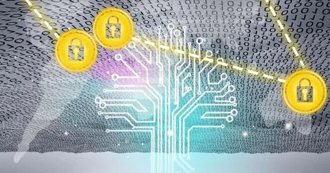 Composition of grey world map, binary numbers and motherboard with connected Stock Illustration