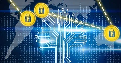 Composition of grey world map, binary numbers and motherboard with connected Stock Illustration
