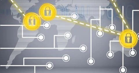 Composition of grey world map with computer motherboard and connected yellow Stock Illustration