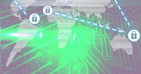 Composition of grey world map with glowing green motherboard with connected Stock Illustration
