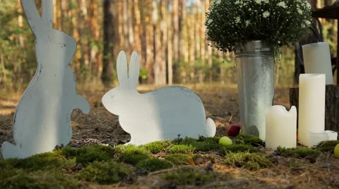 Composition on the ground in the forest of candles, cardboard rabbits Stock Footage 51493803
