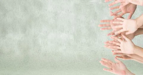 Composition of group of caucasian hands on light background 스톡 사진
