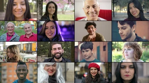 Composition  on group different people smiling at camera.Positivity, joy, fun Stockbeeldmateriaal 119985421