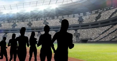 Composition of group of silhouettes running on stadium over light blur Ilustração Stock