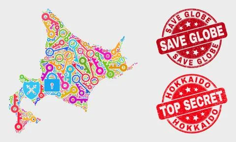 Composition of Guard Hokkaido Map and Distress Save Globe Stamp Seal Stock Illustration