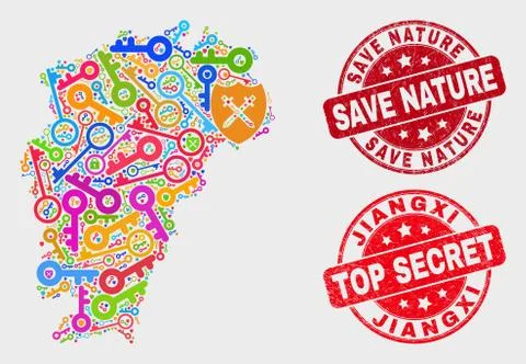 Composition of Guard Jiangxi Province Map and Distress Save Nature Stamp Seal 스톡 일러스트