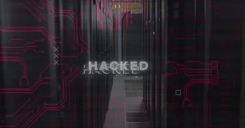 Composition of hacked text and data processing over server room Stock Illustration