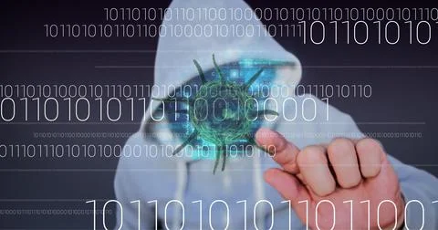 Composition of hacker touching covid 19 virus cell and binary coding data Stock Photos