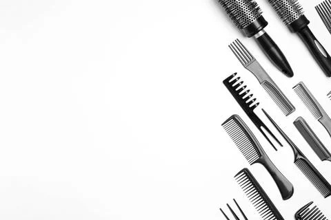 Composition with hair combs and brushes on white background, top view Stock Photos