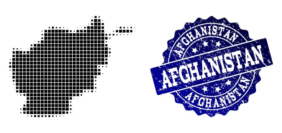 Composition of Halftone Dotted Map of Afghanistan and Grunge Stamp Watermark Stock Illustration