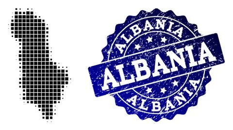 Composition of Halftone Dotted Map of Albania and Grunge Stamp Watermark Illustrazione stock