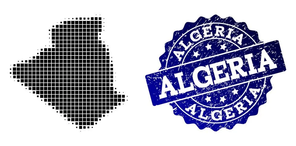 Composition of Halftone Dotted Map of Algeria and Grunge Stamp Watermark 스톡 일러스트