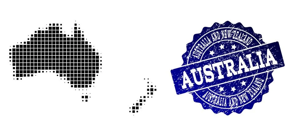 Composition of Halftone Dotted Map of Australia and New Zealand and Grunge Stamp イラスト素材