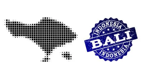 Composition of Halftone Dotted Map of Bali Island and Grunge Stamp Watermark Illustrazione stock