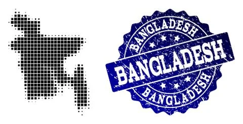 Composition of Halftone Dotted Map of Bangladesh and Grunge Stamp Watermark 스톡 일러스트