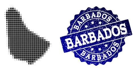 Composition of Halftone Dotted Map of Barbados and Grunge Stamp Watermark Illustrazione stock