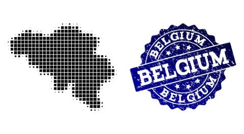 Composition of Halftone Dotted Map of Belgium and Grunge Stamp Watermark Stock Illustration