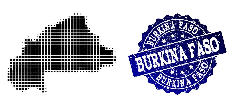 Composition of Halftone Dotted Map of Burkina Faso and Grunge Stamp Watermark Stock Illustration