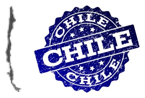 Composition of Halftone Dotted Map of Chile and Grunge Stamp Watermark 스톡 일러스트