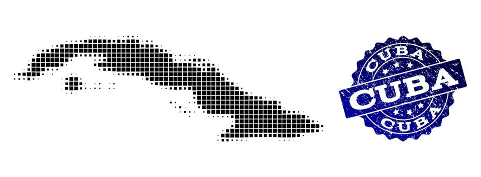 Composition of Halftone Dotted Map of Cuba Island and Grunge Stamp Watermark 스톡 일러스트