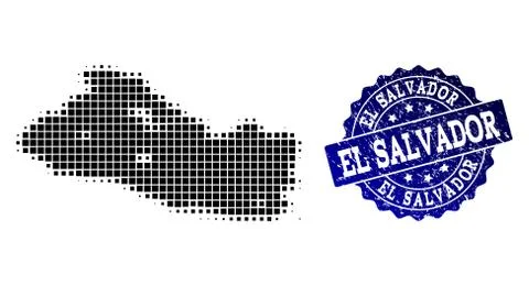 Composition of Halftone Dotted Map of El Salvador and Grunge Stamp Watermark イラスト素材