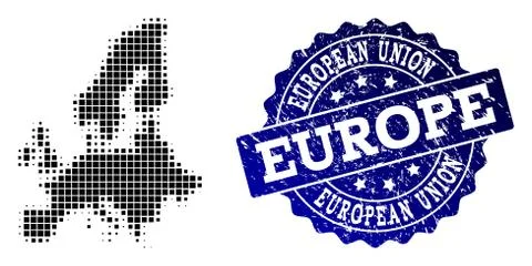 Composition of Halftone Dotted Map of Euro Union and Grunge Stamp Watermark Stock Illustration