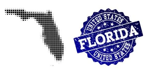 Composition of Halftone Dotted Map of Florida State and Grunge Stamp Watermark 스톡 일러스트
