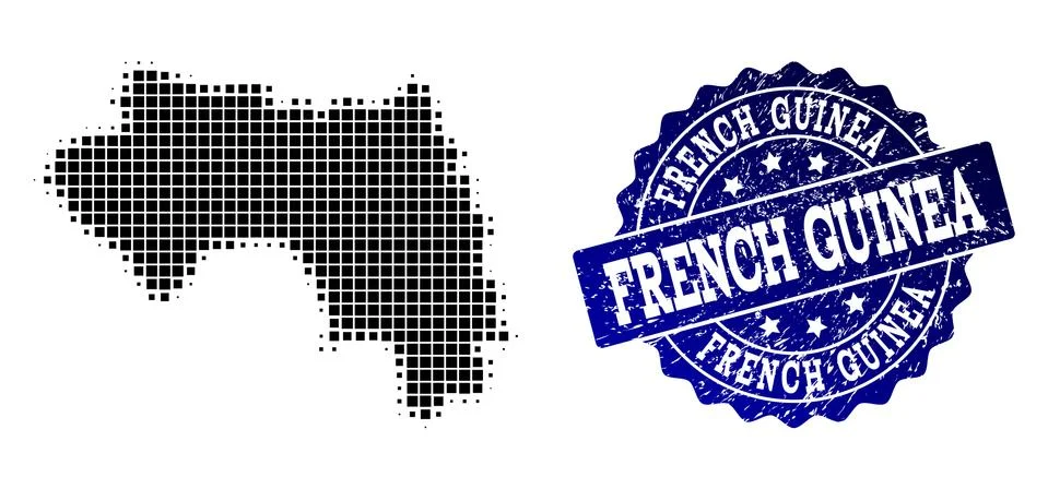 Composition of Halftone Dotted Map of French Guinea and Grunge Stamp Watermark Illustrazione stock