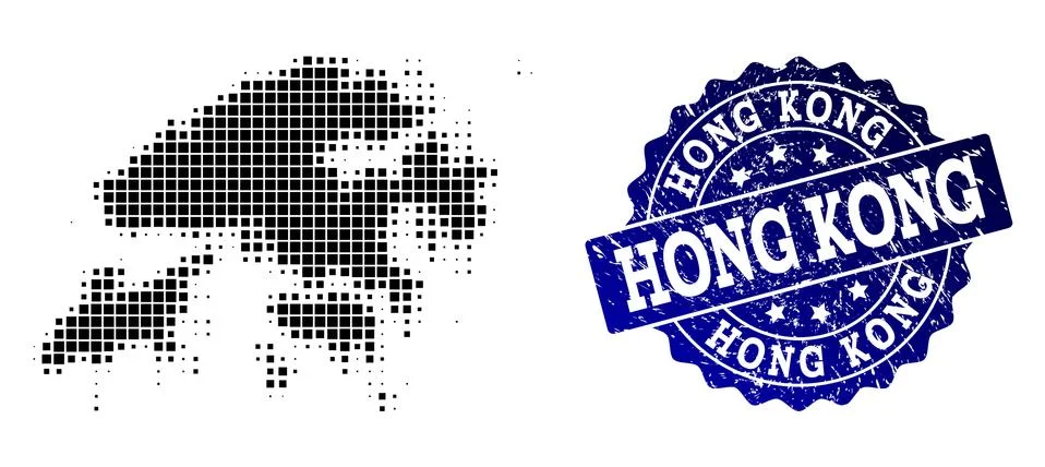 Composition of Halftone Dotted Map of Hong Kong and Grunge Stamp Watermark Illustrazione stock
