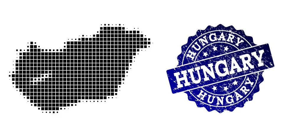 Composition of Halftone Dotted Map of Hungary and Grunge Stamp Watermark Stock Illustration