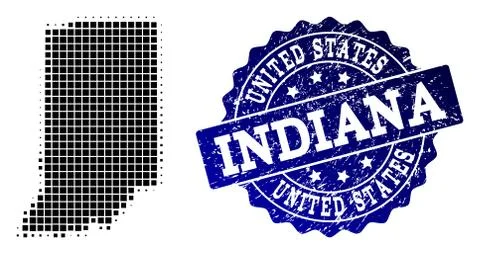 Composition of Halftone Dotted Map of Indiana State and Grunge Stamp Watermark 스톡 일러스트