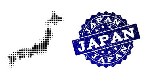 Composition of Halftone Dotted Map of Japan and Grunge Stamp Watermark 스톡 일러스트