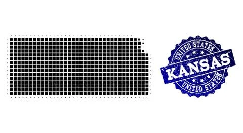 Composition of Halftone Dotted Map of Kansas State and Grunge Stamp Watermark 스톡 일러스트