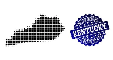 Composition of Halftone Dotted Map of Kentucky State and Grunge Stamp Watermark Illustrazione stock