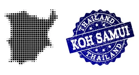 Composition of Halftone Dotted Map of Koh Samui and Grunge Stamp Watermark 스톡 일러스트