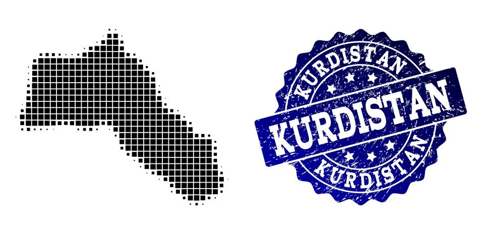 Composition of Halftone Dotted Map of Kurdistan and Grunge Stamp Watermark Illustrazione stock