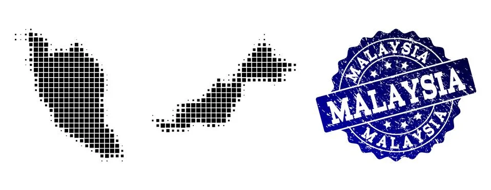 Composition of Halftone Dotted Map of Malaysia and Grunge Stamp Watermark 스톡 일러스트