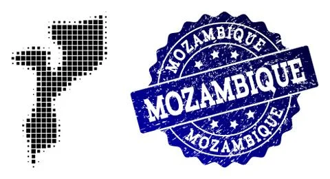 Composition of Halftone Dotted Map of Mozambique and Grunge Stamp Watermark Illustrazione stock