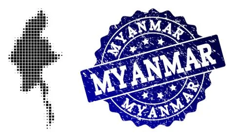 Composition of Halftone Dotted Map of Myanmar and Grunge Stamp Watermark Illustrazione stock